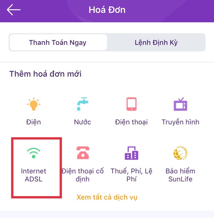 Chọn Internet ADSL để thanh toán hóa đơn FPT